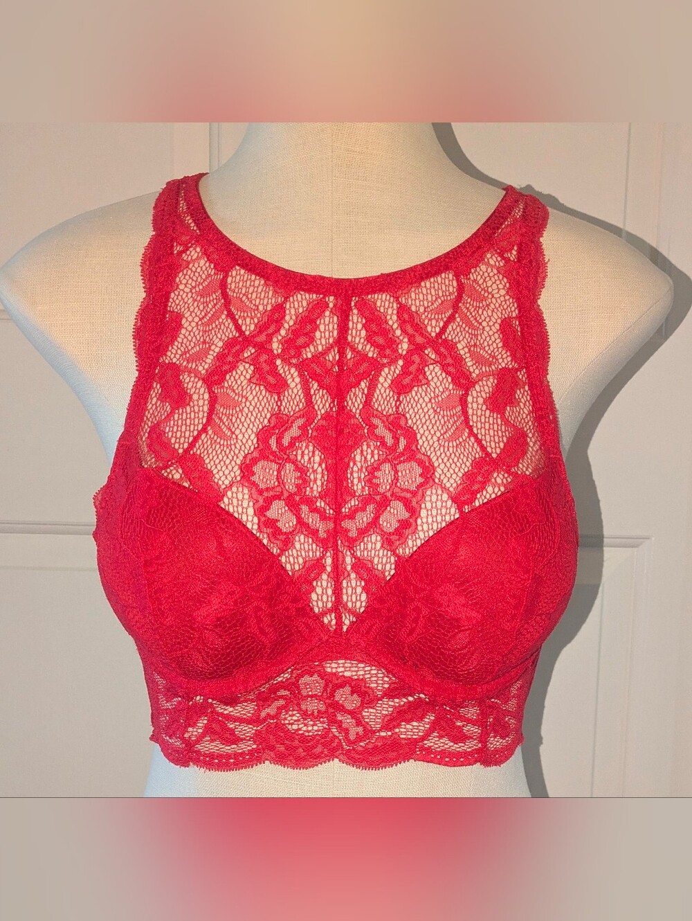 La Senza Red Lace High Neck Longline Bralette Bra 34B